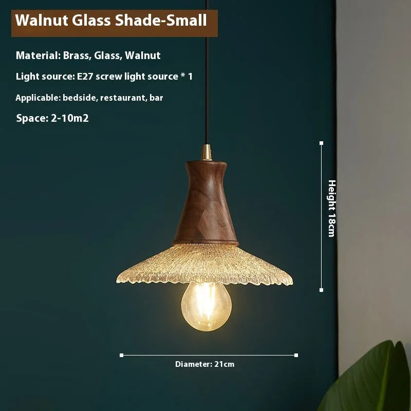 Woodcraft brass and glass ceiling chandelier for restaurant lighting in three available sizes.