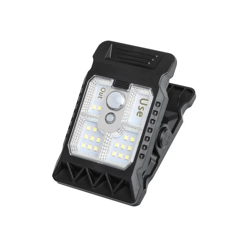 Compact black clip-on human body induction lamp showing dimensions and IP65 rating.