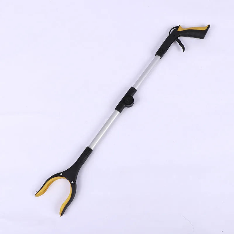 Foldable aluminium garbage pick-up clamp with magnetic end, shown extended and with blue handle.