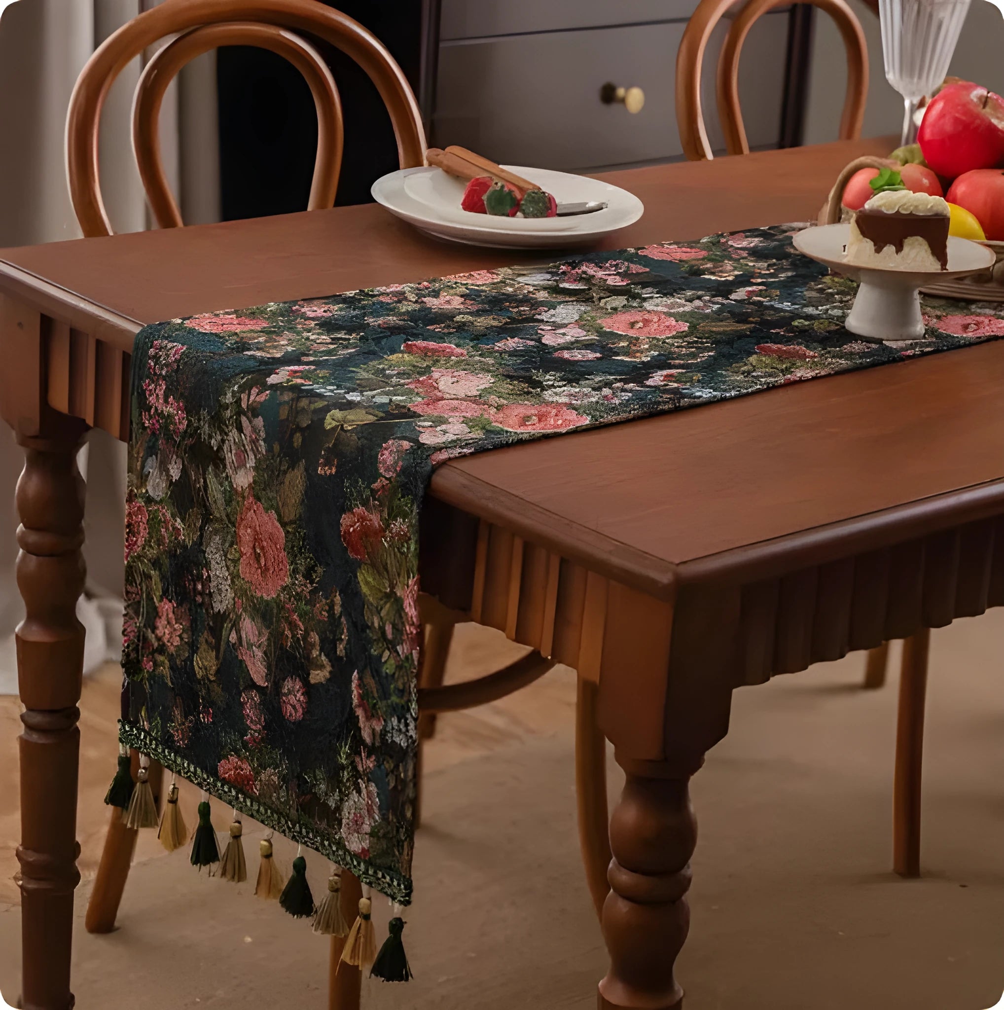 European retro cotton linen style table flag with handwoven tassels in blue ginkgo leaves pattern on sideboard