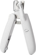 White pet nail clipper with LED light on handle and transparent anti-splash guard surrounding the blades.