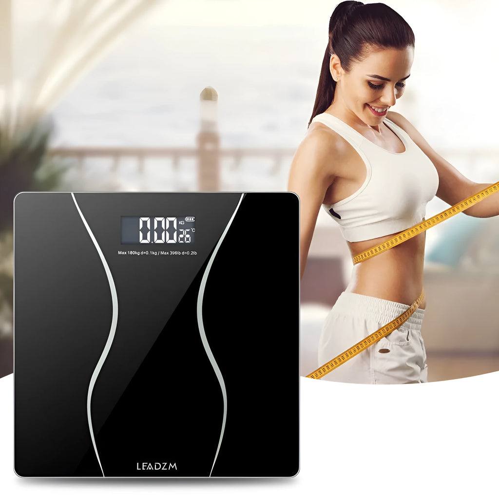 Black electronic body scale with digital LCD display for weight measurement up to 180kg