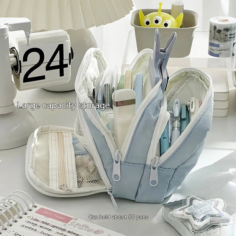 Double-layer pencil case in solid colour with gift handle showing dimensions 215mm x 135mm x 85mm