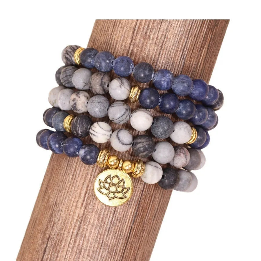 Blue multi-layer bracelet with patterned network stone beads and alloy metal components