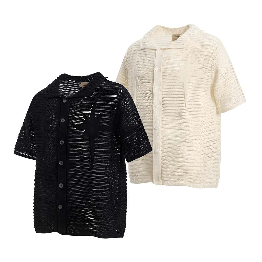 Man wearing a loose-fit apricot retro cotton short sleeve casual shirt.