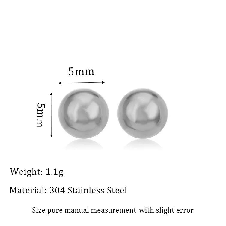 Gold and silver spherical ball stud earrings in 3mm, 4mm, 5mm, and 6mm sizes on a plain background.