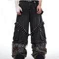 Men's grey camouflage jeans with structural splicing and pin/ribbon details on cotton denim fabric