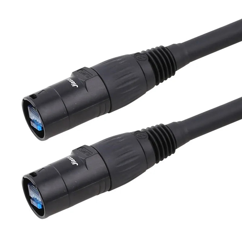 Black CAT6 RJ45 network extension converter cable with plugs, showing length options from 1 to 50 metres.
