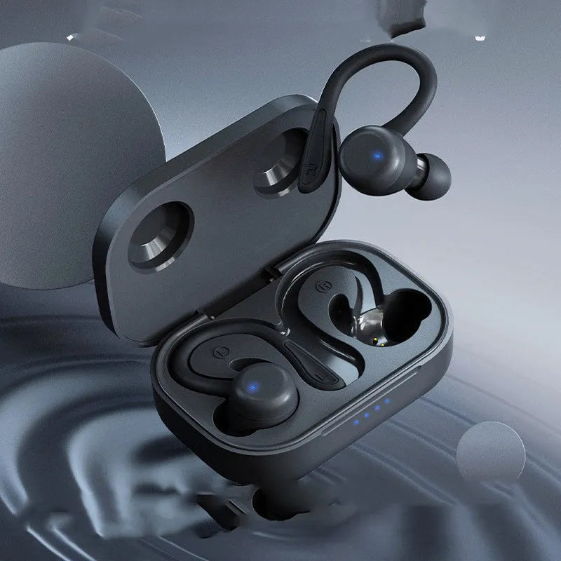 Black hanging ear true wireless sports headphones with removable silicone ear hooks and braces on a blue background.