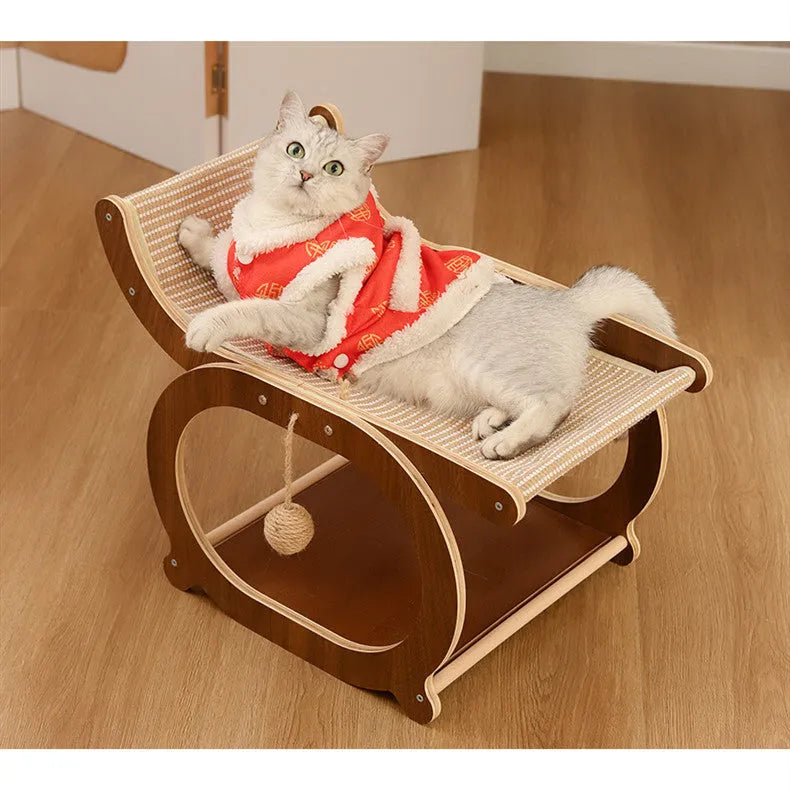 Solid wood cat scratching bed with sisal mat surface in walnut wood colour finish