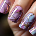 Mid-length nail stickers with purple stripes and glitter designs in European and American style