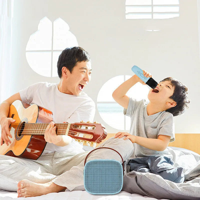 Compact portable Bluetooth speaker with microphone in blue, pink, or white colour options