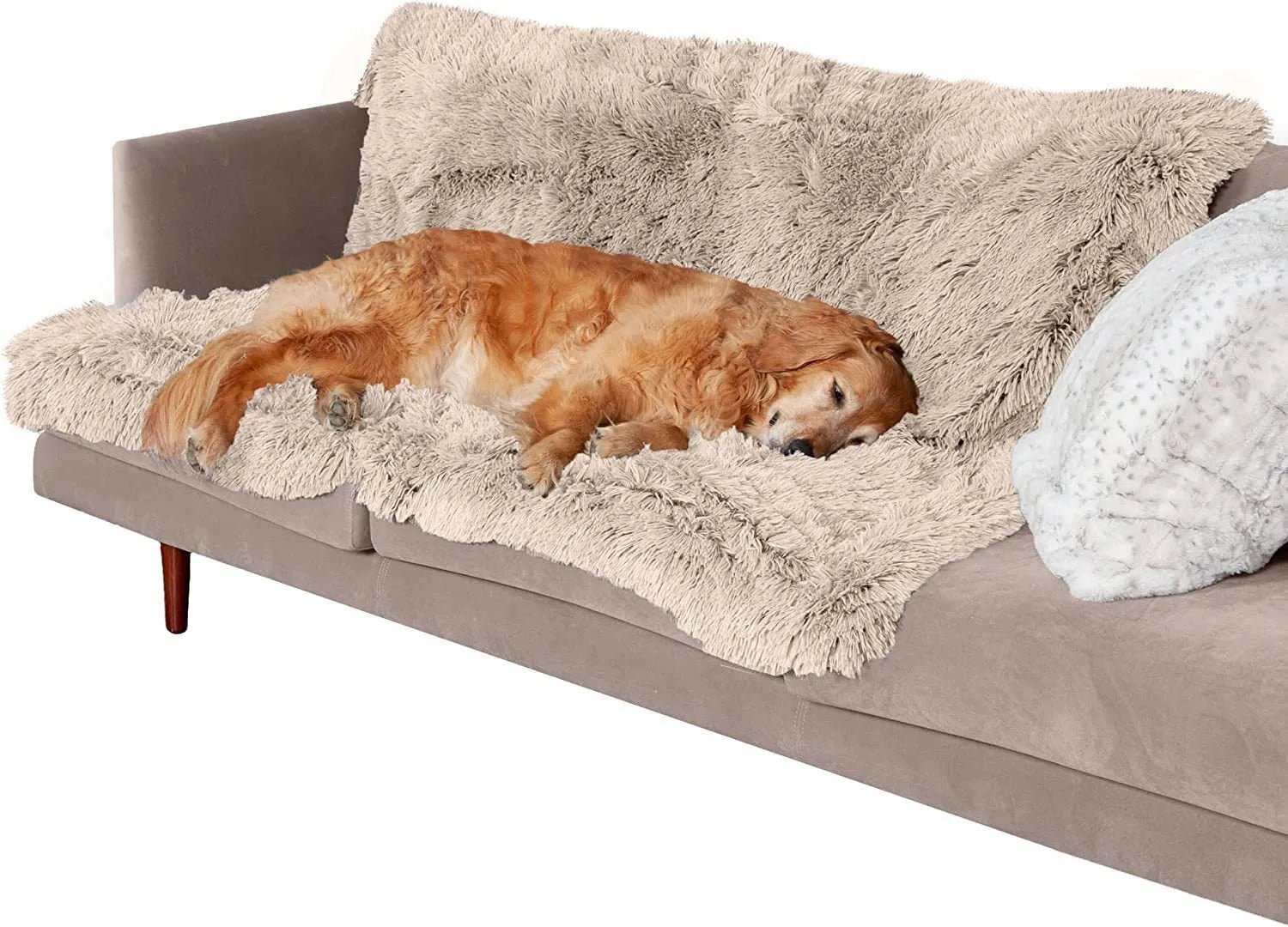 Plush waterproof dog cushion in dark grey, showing double-layer thickening construction.