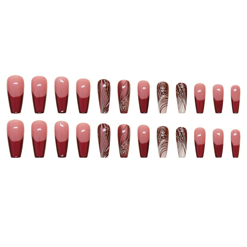 French line pattern false nails with W1620 colour on display, showing removable sticker patch design