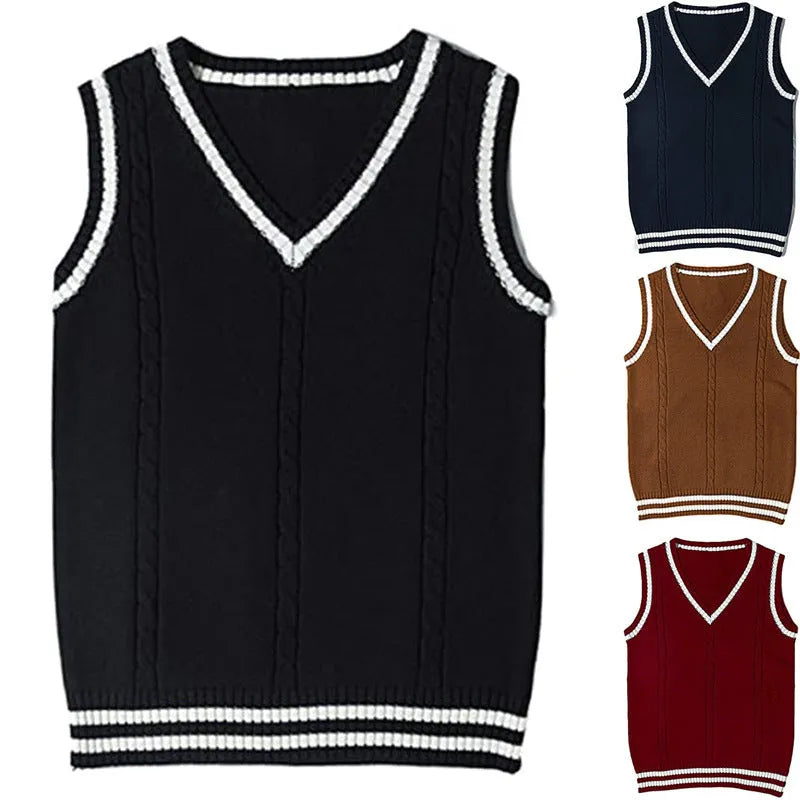 Women's slim fit V-neck acrylic knit waistcoat sweater with striped stitching detail