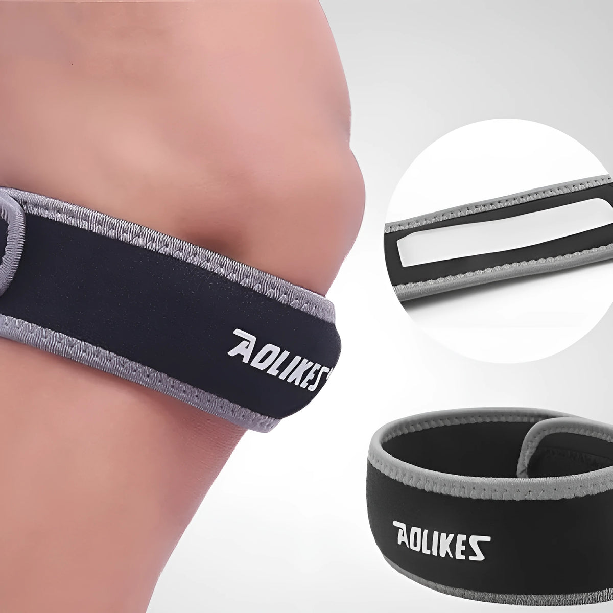 Black and grey patella retinaculum knee support for sports