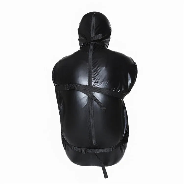Black patent leather adult restraint harness with full body wrap and six ratchet tie-down pieces