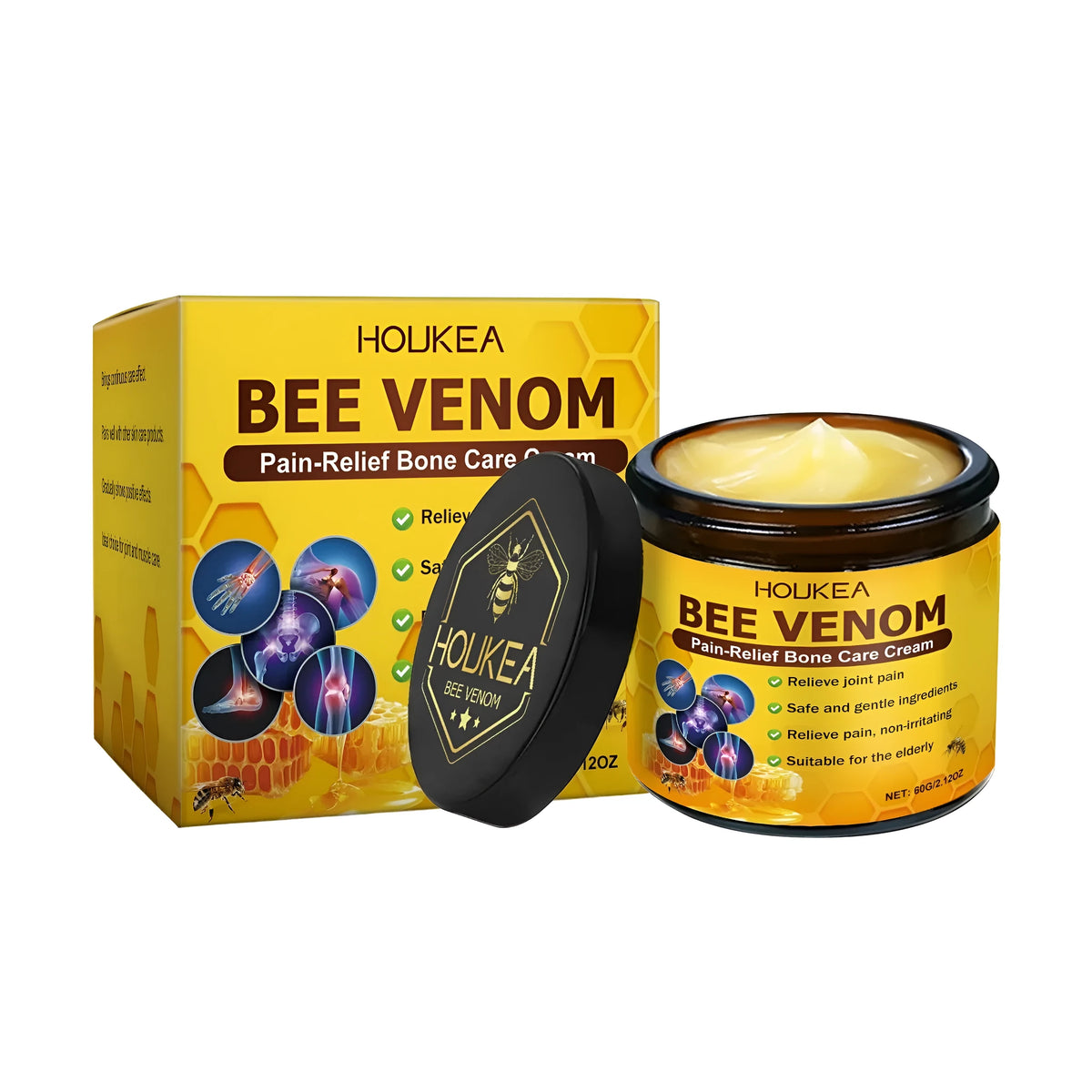60g tube of HOUKEA pain-relief cream with bee venom and mint ingredients.