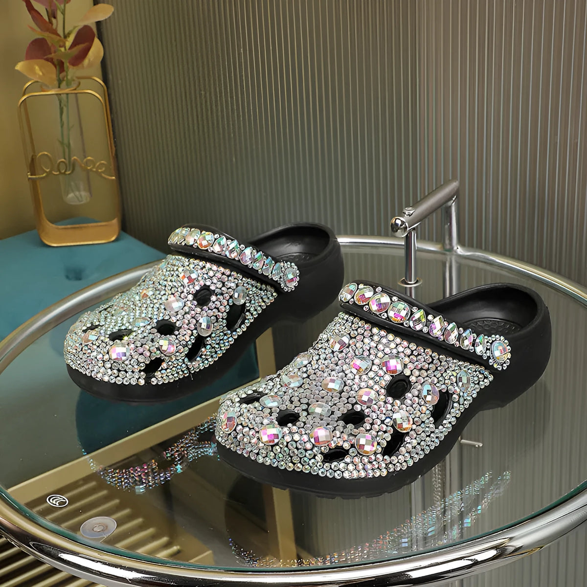 Black women's platform sandals with rhinestone details on holes, EVA material