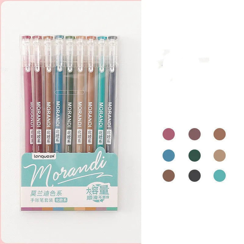 Retro gel pen set with nine coloured pens in plastic storage case
