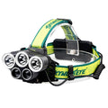 Yellow-green USB rechargeable headlamp with aluminium alloy housing and adjustable head strap.