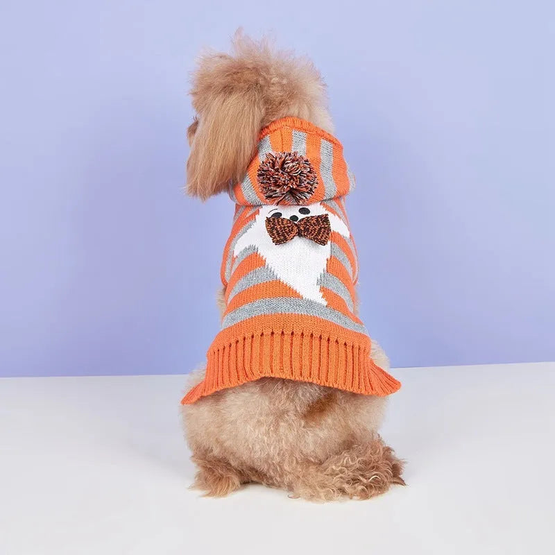Orange striped hooded pet sweater with knitted acrylic construction and fur ball detail