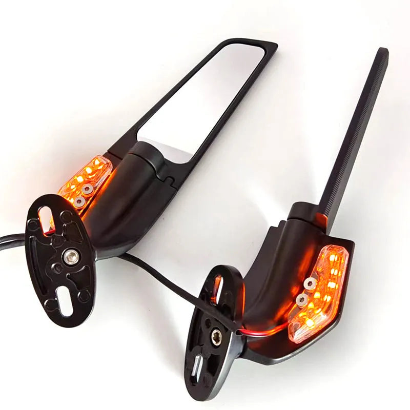Pair of aluminium alloy motorcycle rearview mirrors with integrated yellow running lights and convex glass lenses.