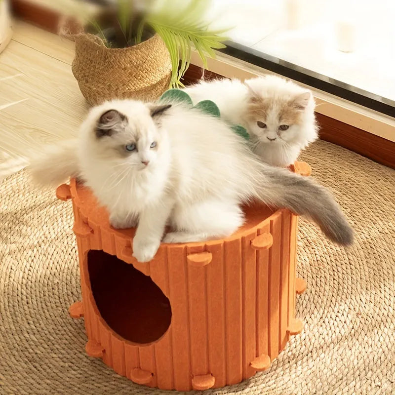 Grey wool felt cat tunnel with semi-enclosed roof and round drilled holes