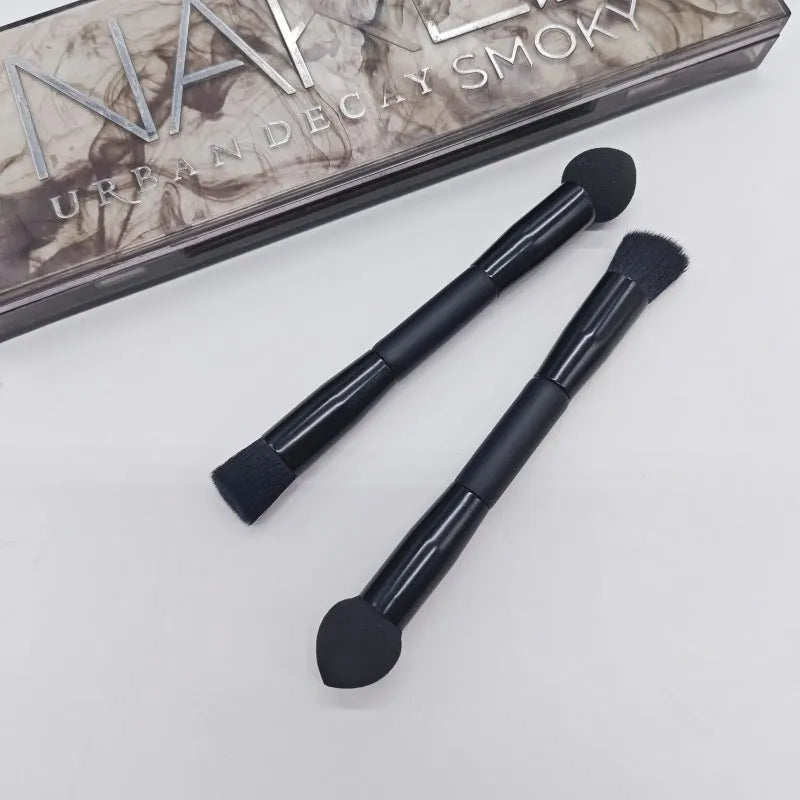 Elegant black double-headed miter sponge concealer brush with wooden handle and artificial fibre bristles