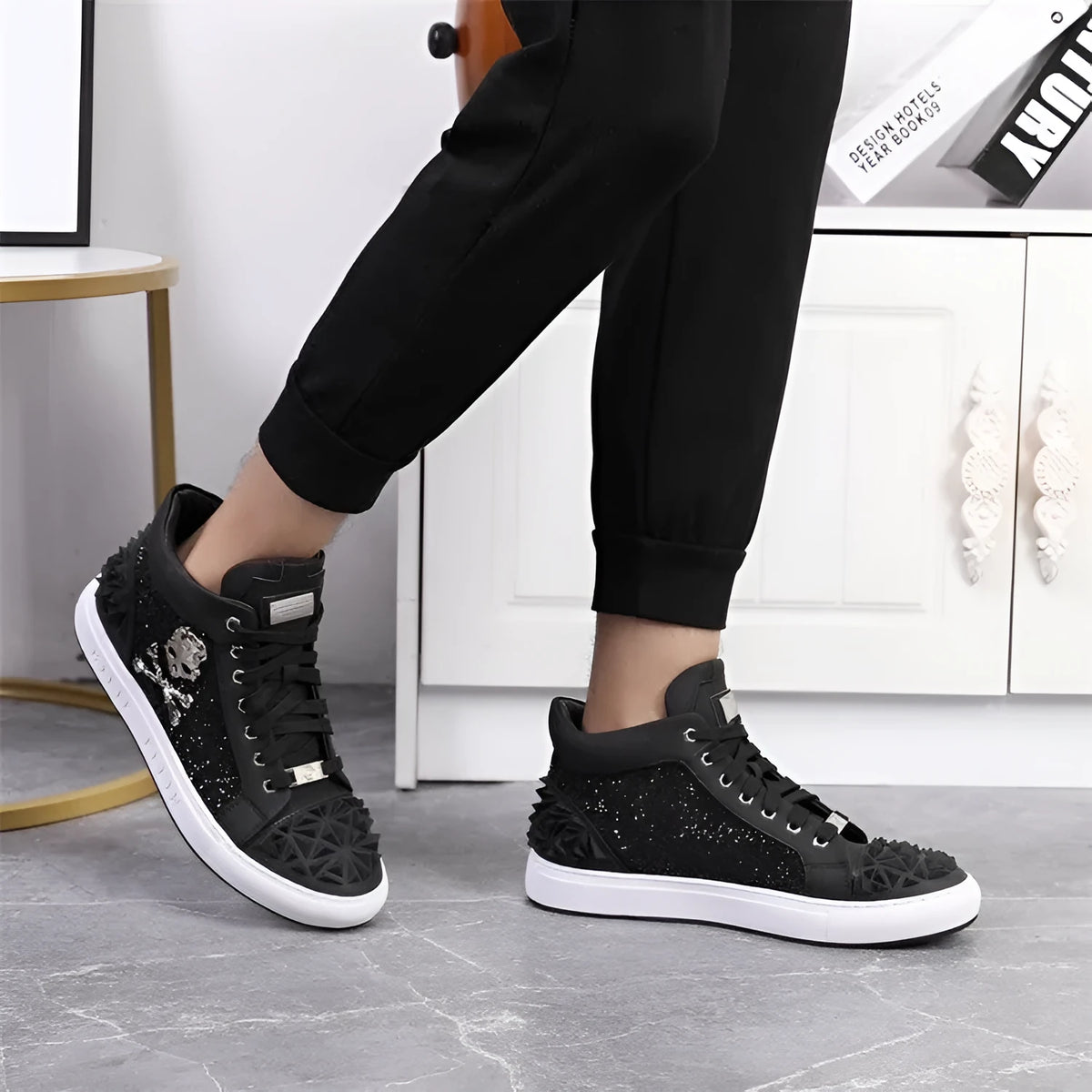 Men's black high top leather skeleton shoes with lace-up front and rubber sole