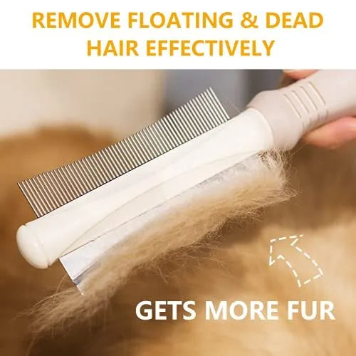 White double-sided dog and cat brush showing grooming comb and deshedding brush sides on a 230mm handle.