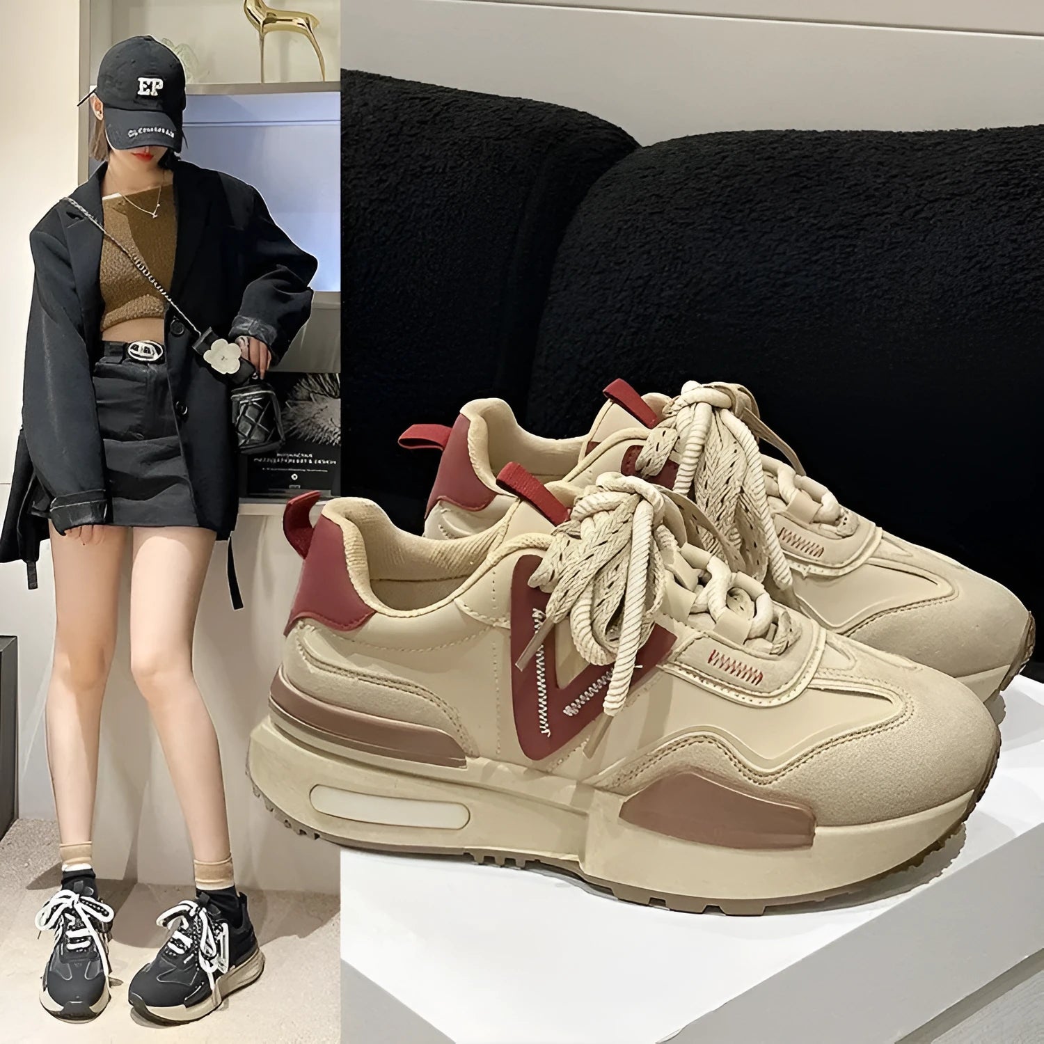 Women's retro platform sports shoes in black or khaki red with round toe and lace-up front.