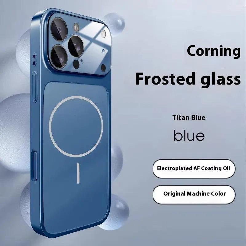 Black magnetic tempered glass iPhone case with frosted finish on a table.