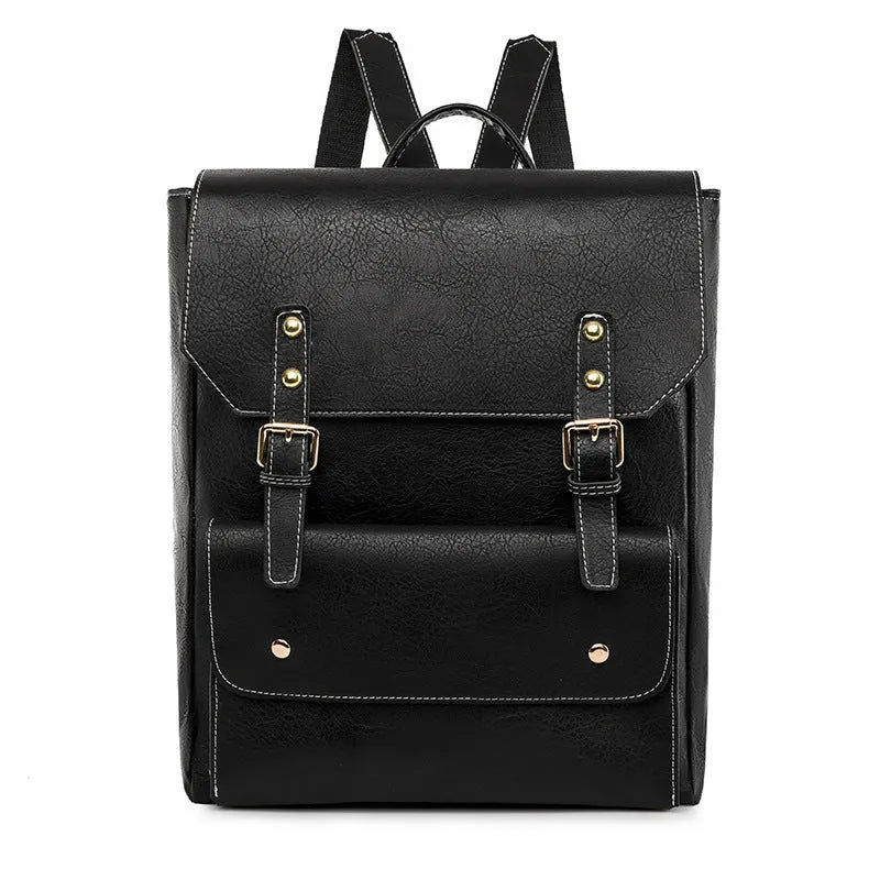 Korean style soft PU retro backpack shown in black, brown, creamy white, and dark brown.