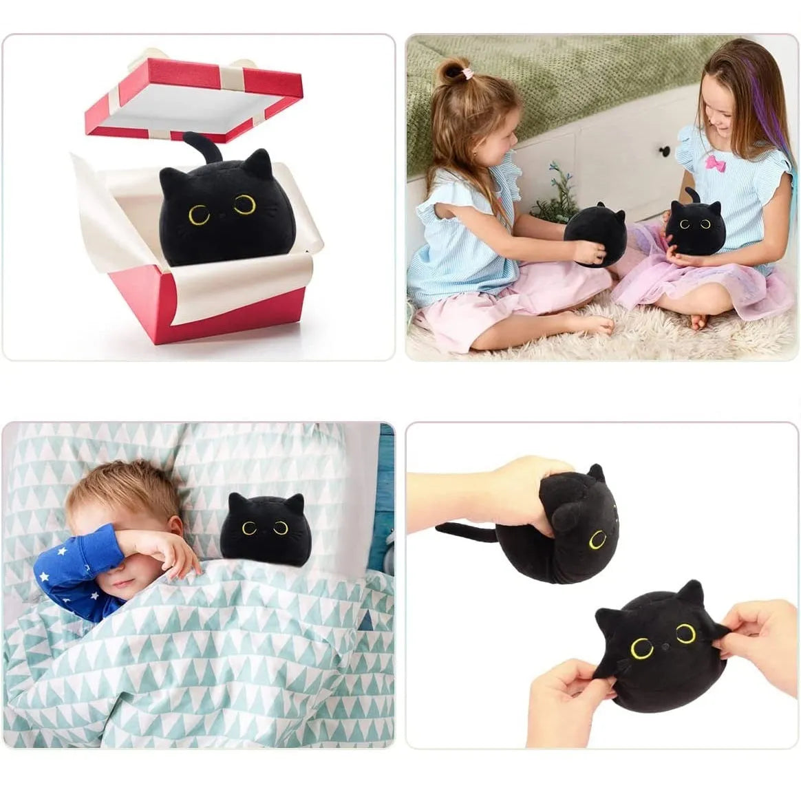 Fluffy black cat plush toy used as a soft pillow cushion on a sofa.