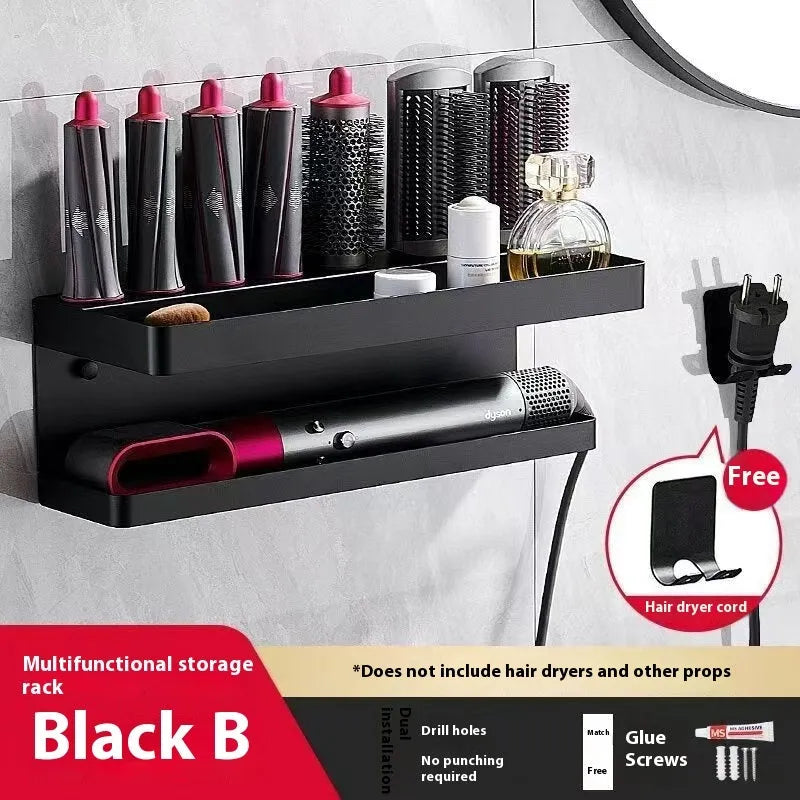White aluminium double-layer bathroom storage rack mounted on wall holding hair styling tools