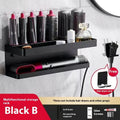 White aluminium double-layer bathroom storage rack mounted on wall holding hair styling tools