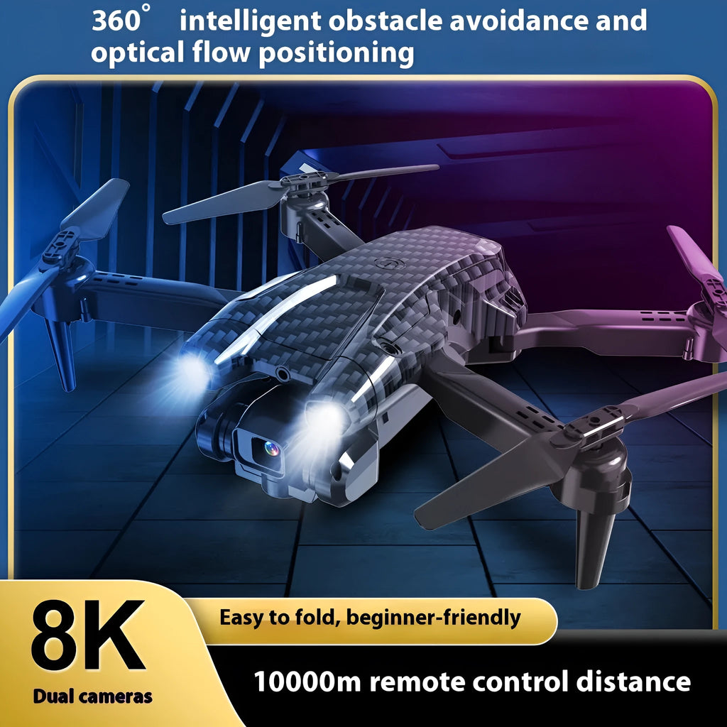 S138 black folding drone with propellers extended, shown next to its storage bag, highlighting its compact design and camera module.