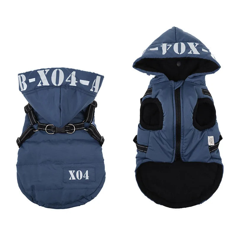 Winter fleece-lined waterproof dog jacket with hood in black blue gray or red colours