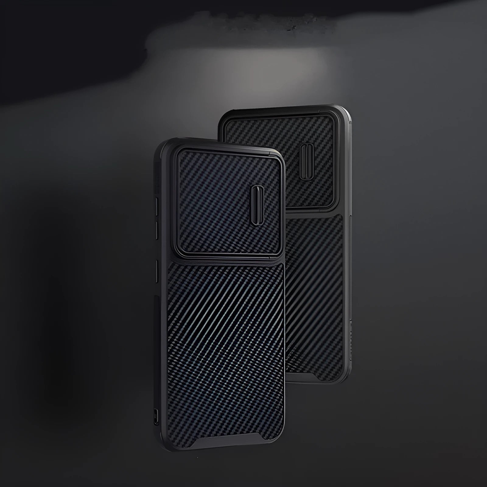 Black Samsung S23 Ultra phone case with lens push cover showing TPU, PC, and carbon fibre construction