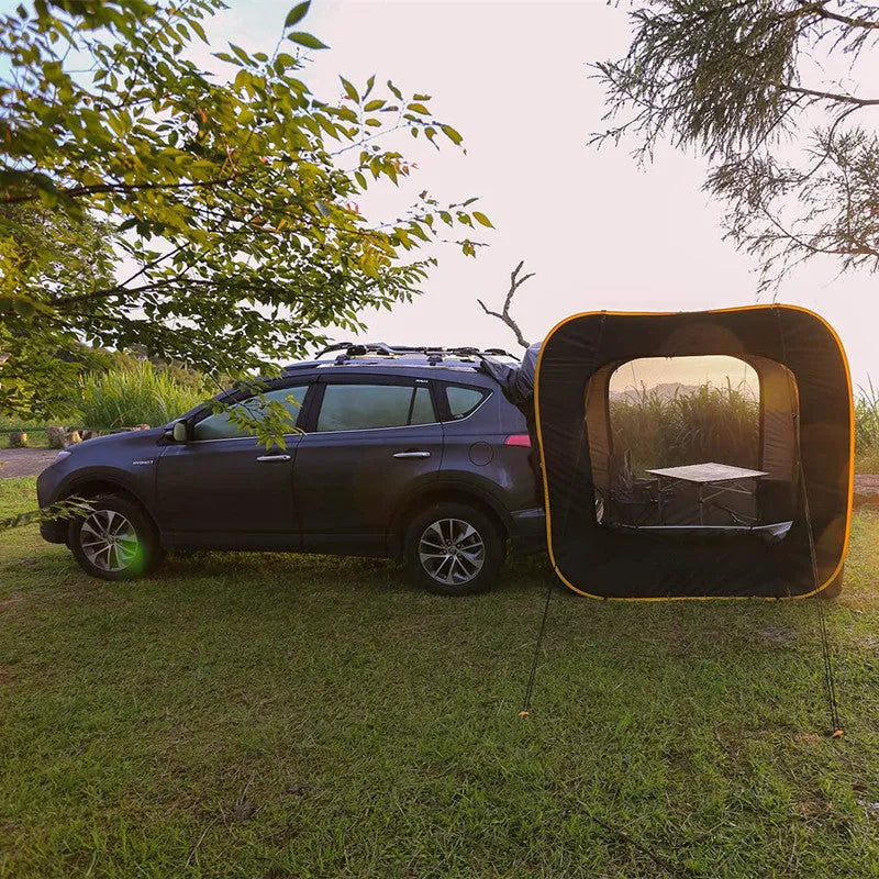 Black pop-up car tail tent with quick-throw setup, shown unfolded to its 200x200x200cm size.