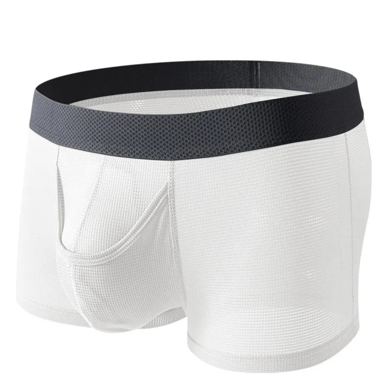 Men's ice silk mesh boxer briefs in black, white, and grey colours showing low waist design