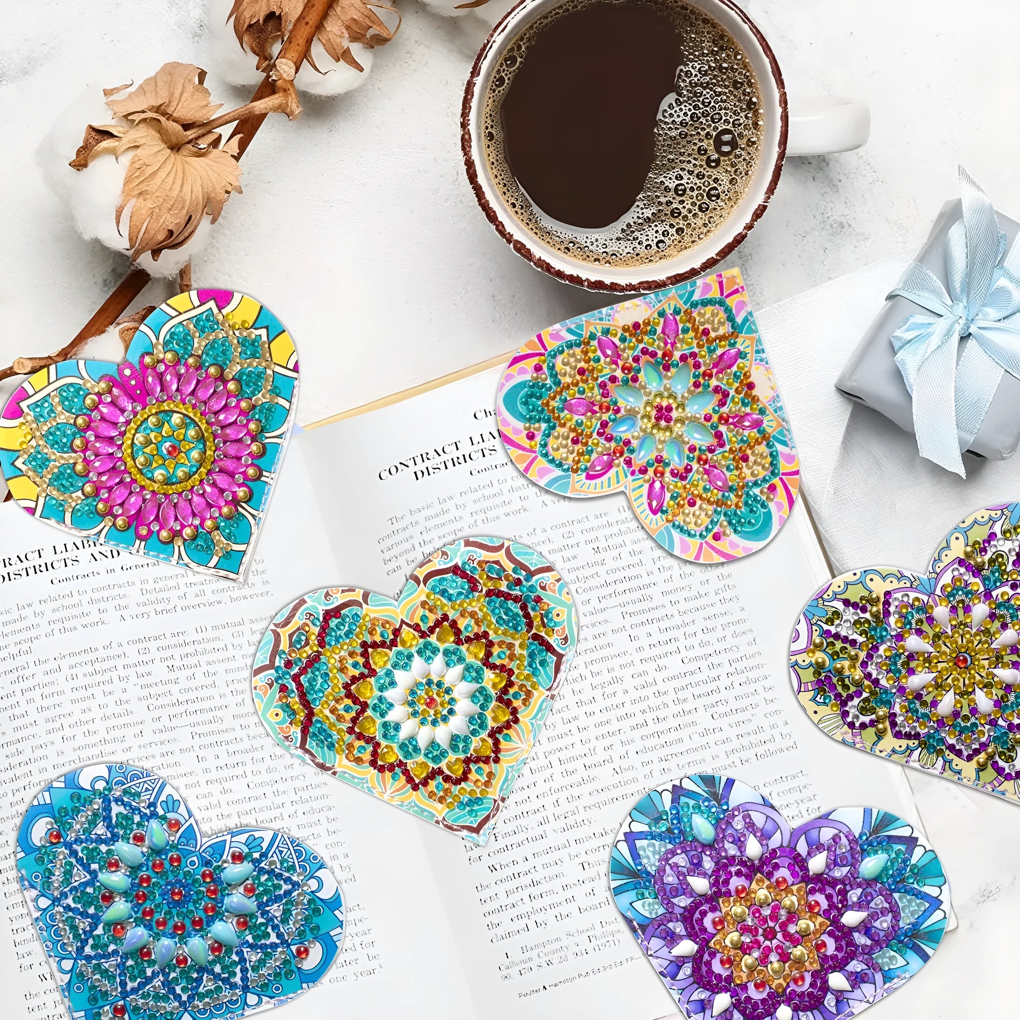 Six identical PU leather bookmarks with crystal flower decorations at corners