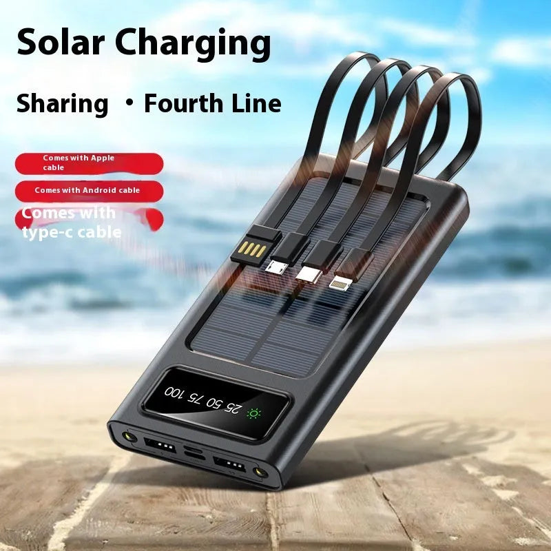 Solar power bank with 20000mAh capacity and integrated charging cables in black or white plastic case