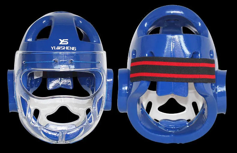 Karate training helmet for head protection, shown in blue colour.