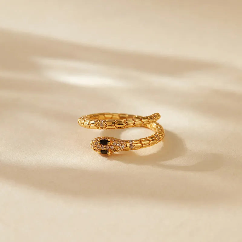 Adjustable snake index finger ring with gold plating and open mouth design