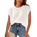 White loose-fit pullover sweater with textured crochet sleeves and a round neckline.