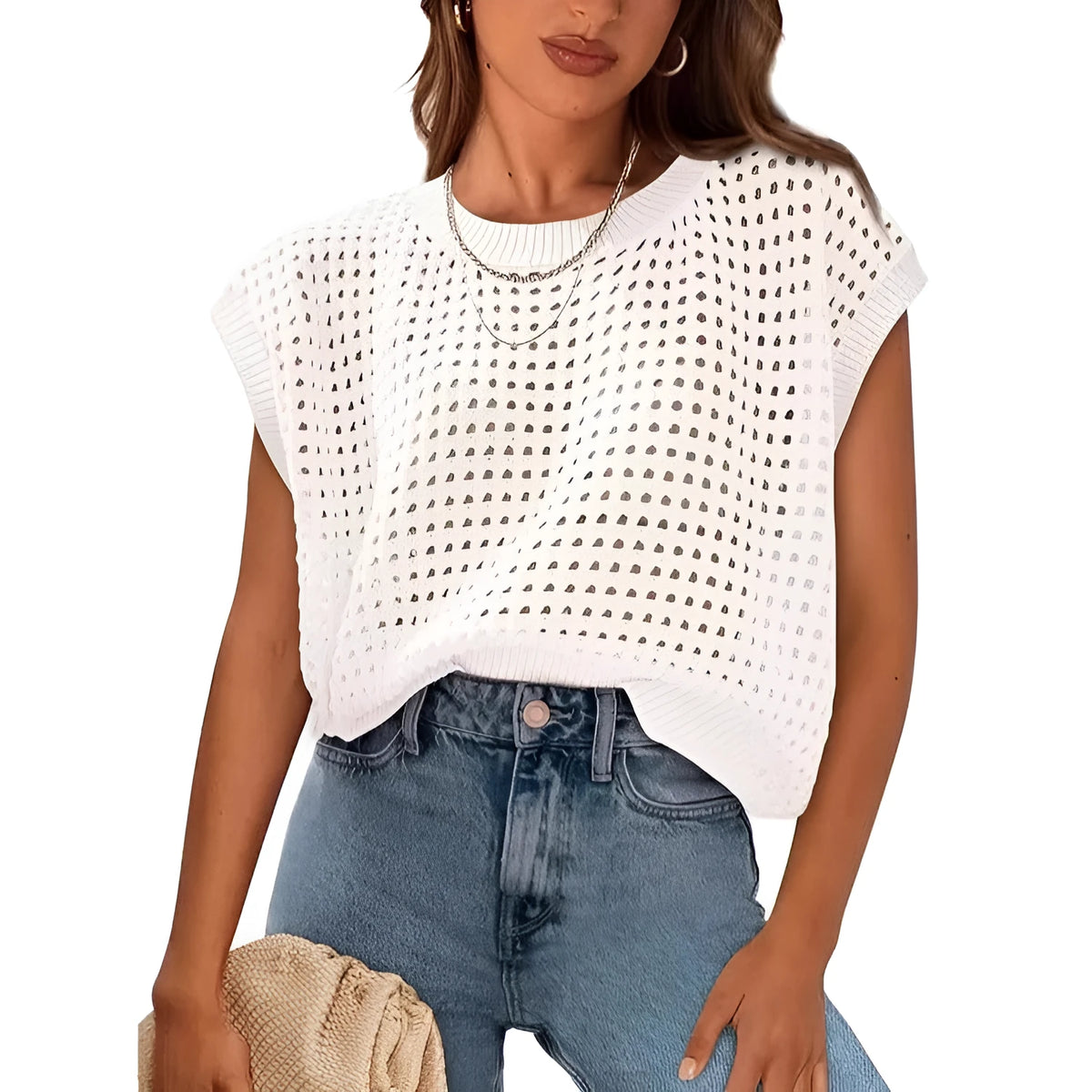 White loose-fit pullover sweater with textured crochet sleeves and a round neckline.