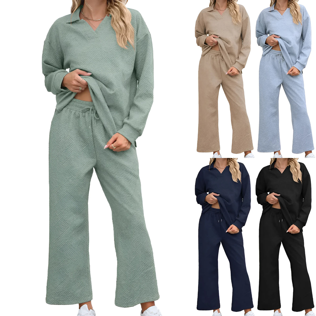 Women's solid colour knitted jacquard sweater and trousers co-ord suit on a hanger.