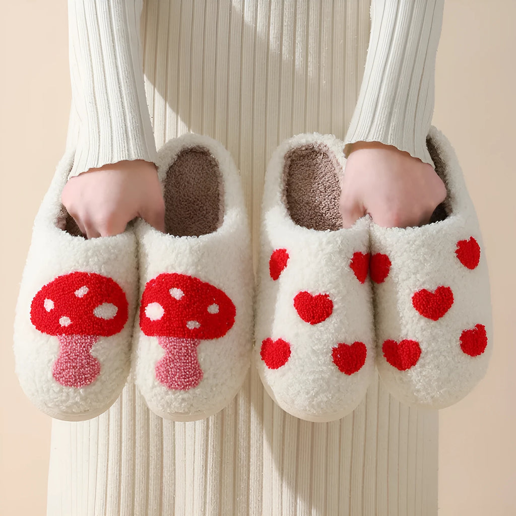 Plush cartoon love style slippers for women with non-slip PVC sole